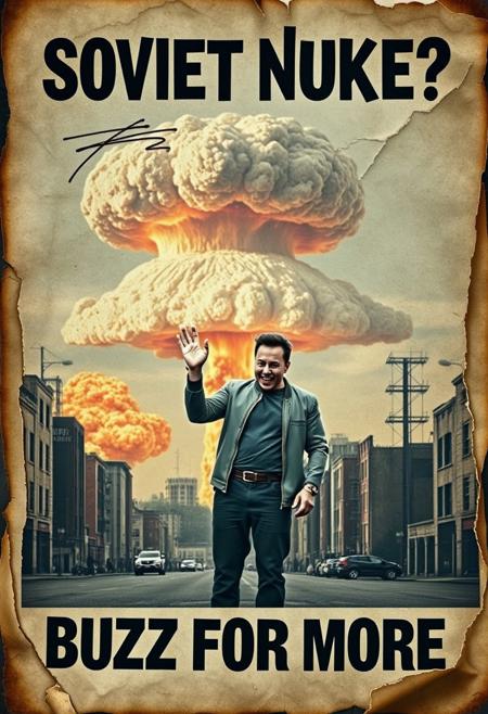 “A decayed, vintage-style poster from 2024, weathered and torn, depicting a surreal and apocalyptic scene in a contemporary setting. The faded image shows Elon Musk, dressed in modern clothes, standing with his young son. Musk holds his son’s hand with one hand while making an exaggerated ‘OK’ sign with his other hand, his wide, mad smile radiating an eerie and unsettling charm. In the far background, a massive nuclear mushroom cloud rises ominously, with fiery orange fireballs at its base and visible blast waves rippling through the urban landscape. The scene is set in a desolate, abandoned city, with ruined buildings and empty streets. The poster’s bold text, ‘SOVIET NUKE?’ across the upper section and ‘BUZZ FOR MORE’ in the lower section, is faded, smeared, and inked with scribbles and stains. The paper appears rotten, with tears, creases, and discolored edges, contributing to the haunting, post-apocalyptic atmosphere of the piece.”
