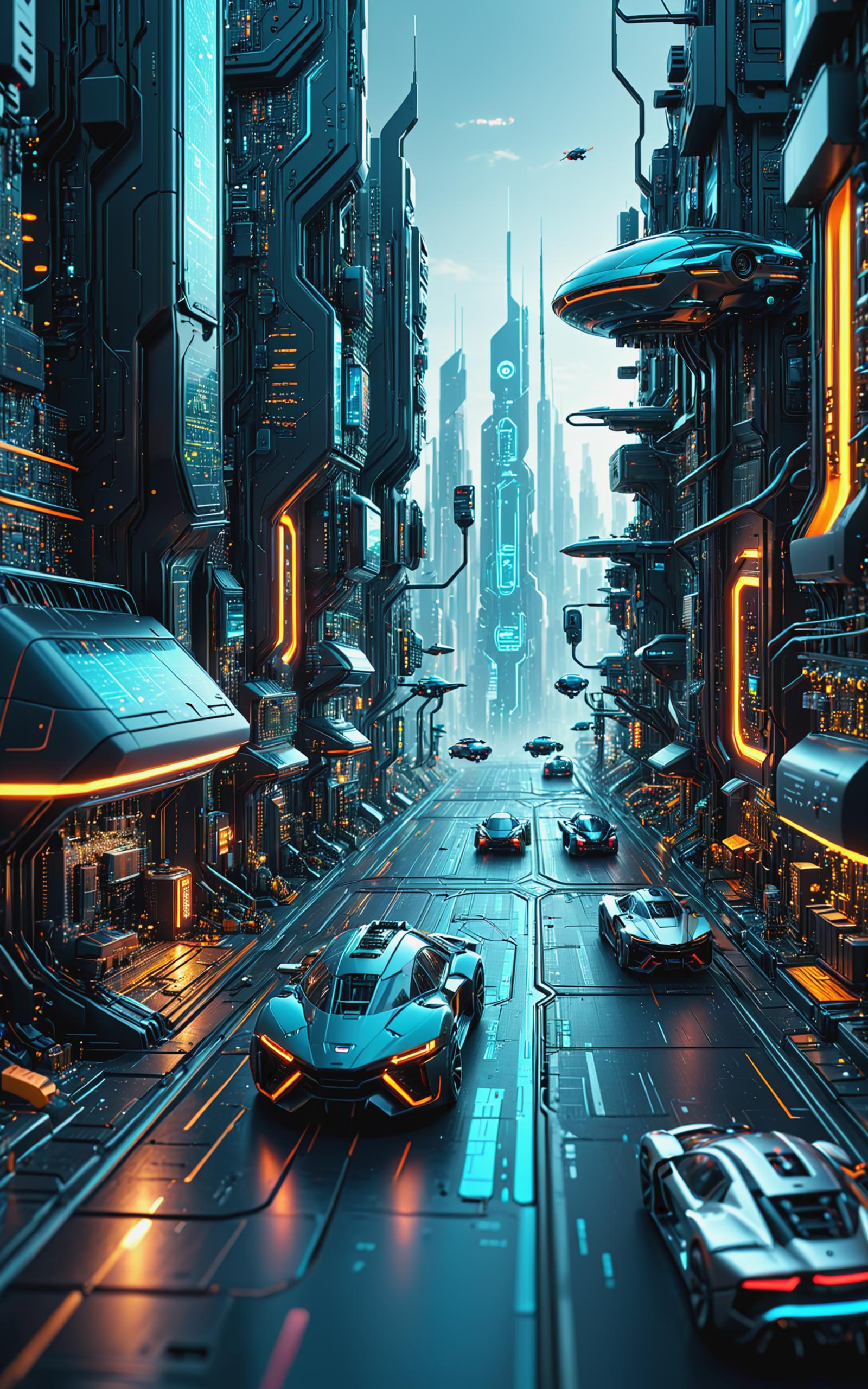 Futuristic Cityscape with Neon Lights and Vehicles on Blue Road