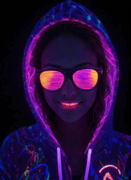 <lora:PE_NeonUV Style:0.9> PENeonUV, blacklight, neon,
masterpiece, high resolution, octance 4k, high detail,
woman wearing hoodie, glowing sunglasses, portrait, smiling,