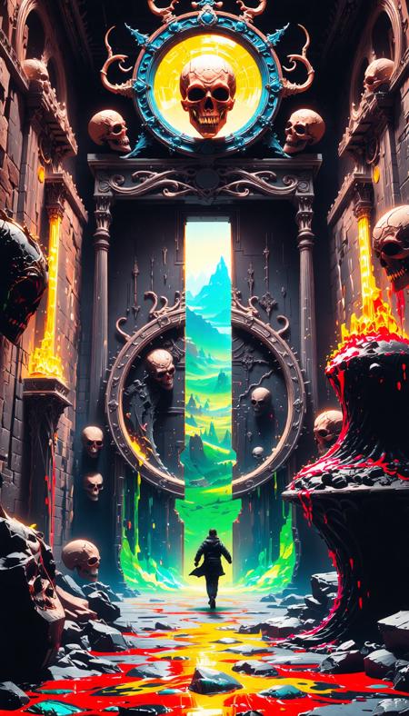  score_9, score_8_up, score_7_up, score_6_up, 8k, hd, master piece. A dimensional magic portal to a magical fairy land with green fields and rainbows, set vertically on a huge wall made of bones and skulls. On the front side of the portal a very dark scenario full of demons hiding as ready to attack. Very wide shot. There's a person running towards the portal, as escaping from something, through rivers of blood and a rocky and dark road.  embedding:badhandv4.pt   embedding:easynegative.safetensors  aidmasoftglow