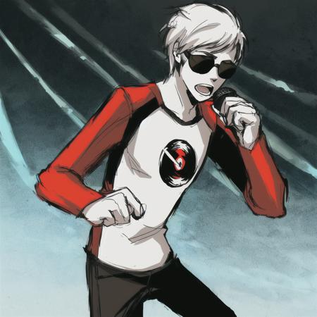 <lora:davestrider-21:0.75> davestrider, 1boy, solo, singing, microphone, white hair, white skin, sunglasses