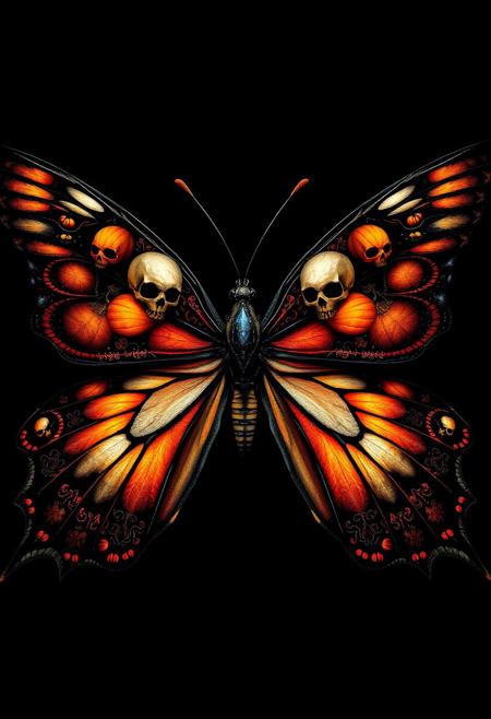 "Create a hyper-stylistic image of a butterfly with its wings splayed out in a dramatic, symmetrical pose. The wings themselves are a masterpiece of Halloween-themed design, with intricate, swirling patterns that resemble skulls and pumpkins. The skulls are delicate and ornate, with tiny details and textures that give them a lifelike quality. The pumpkins are similarly detailed, with ridges and crevices that make them look like they were plucked straight from a patch. The background is a deep, rich black, which allows the vibrant colors of the wings to pop and shine. Incorporate intricate details and textures to bring the butterfly and its wings to life, with a focus on capturing the sense of wonder and magic that comes with Halloween." highest-Quality, intricate details, visually stunning, Masterpiece