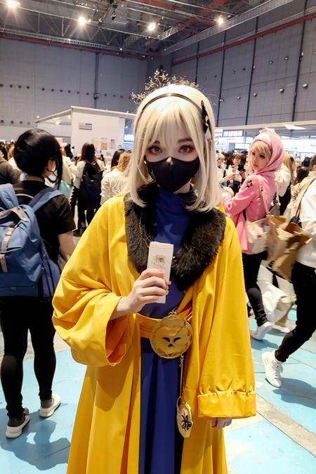 masterpiece, best quality,  <lora:cp29:1>,crowd,1girl,face mask,cosplay