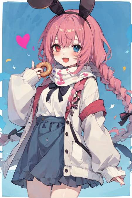 best quality, masterpiece, extremely detailed, detailed background, 1girl, heterochromia, skirt, pink hair, scarf, blue eyes, braid, twin braids, animal ears, smile, rabbit ears, food, pleated skirt, rabbit, red eyes, open mouth, solo, long sleeves, doughnut, blue skirt, bangs, long hair, white shirt, shirt, :d, looking at viewer, teeth, jacket, confetti, bow, fake animal ears, >_<, upper teeth only, ribbon, open clothes, white jacket, sleeves past wrists, heart <lora:bacheally128dim-epoch-000006:1>