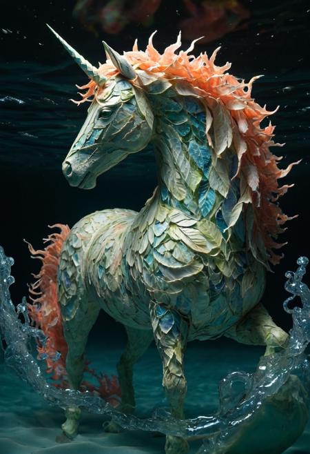 A unicorn emerging from a shimmering ocean, its body made of WORLD MORPH LEAVES and coral patterns. Its mane is a cascade of phosphorescent waves, and its horn resembles a spiraled seashell glowing faintly. Jellyfish orbit it like silent guardians as it moves through a horizonless seascape with a sky filled with swirling, underwater currents. Ethereal, aquatic, and otherworldly. <lora:World Morph Leaves:1>
