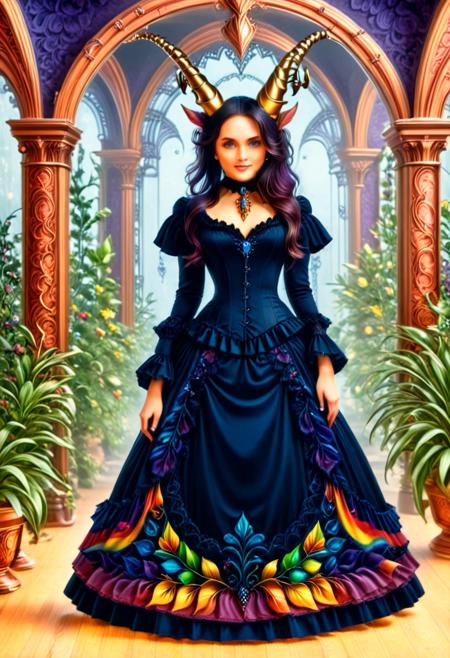 RainbowUnicornStyle, score_9, score_8_up, score_7_up, score_6_up, score_5_up, score_4_up, UHD, 8K, masterpiece, detailed, ultra_high_resolution, lots of detail, OverallDetailXL, detailxl, Masterpiece, 32k, photorealistic:1.4, small waist, fitness body, toned muscles, wide hips, slender legs, high cheekbones, 32 years old, makeup, curvy, (one horn:1.3), (oval face:1.1), jewelry, solo, seductive smile, sultry, serious stare, stern look, natural skin, long hair, realistic photograph, multi colored hair, blue eyes, sci-fi, furry rainbow colored Victorian dress, (fully dressed:2), biosphere with plants inside,  realistic, (colorful leaves:2), (colorful plants:2), side view, close up, hands out of view, mobe-godeen, (Victorian dress:3)