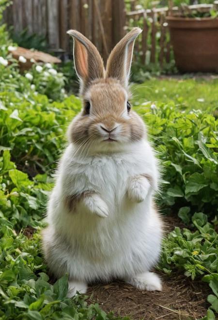Closeup, a cute fluffy rabbit in the middle of a hoarder's front garden, the rabbit in the middle is happy and laughs into the camera,
very detailed, ho, masterpiece, top quality, best quality, official art,highest detailed, atmospheric lighting, cinematic composition, complex multiple subjects, 4k HDR,