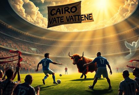 In a grand, celestial stadium filled with roaring clouds and beams of golden light, Diego Maradona, Gigi Meroni, and Valentino Mazzola are locked in an intense soccer match. Maradona, in his iconic blue Argentine jersey, moves with unmatched skill, while Meroni, in his Torino kit, dribbles with flair, and Mazzola, wearing his vintage Torino captain’s armband, commands the game with authority. The stadium is packed with a heavenly crowd, but among them are rowdy, ghostly hooligans waving scarves, shouting passionately, and banging drums, their chants echoing through the ethereal air.
A massive, burgundy bull stands just outside the field, snorting aggressively, its muscular form glowing in the light, representing raw energy and strength. Its presence adds tension, as if symbolizing the ferocity of the sport and the fans.
Above the stands, a large, hand-painted cardboard sign hangs—‘CAIRO VATTENE’—the black letters uneven and bold, echoing the frustration of fans. The hooligans, rowdy and vocal, chant in support, waving banners and flags, creating an atmosphere of protest within this heavenly arena.
The players remain focused, sweat beading on their faces, as if this match is just as critical as any they played in life. The mix of celestial beauty, the intense energy of the hooligans, the looming bull, and the rebellious protest sign creates a scene of passion, sport, and defiance