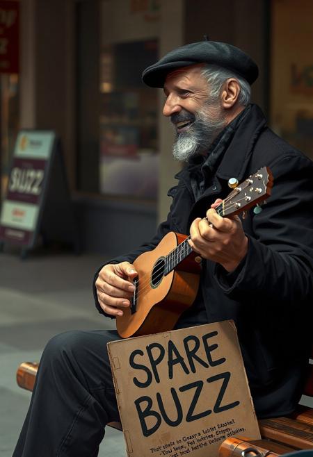 Realism, Real life, Realistic, high quality, great anatomy, accurate, 1man, black berret, black coat, short beard, playing ukulele, smiling, sitting, bench,
Cardboard, text,
"SPARE BUZZ", detailed text,
Side view, dynamic angle, city street