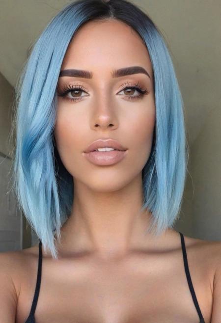 beautiful young woman portrait photo, blue hair, realistic very light freckles on face, only brown eyes, latina influencer, instagram model, very slightly rough skin, realistic portrait, realistic ambience light, light makeup, large breasts, walking