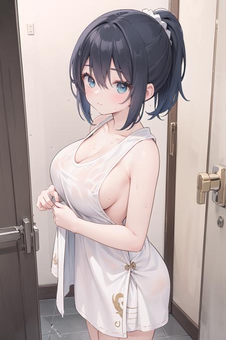 a detailed footage of animation film of masterpiece,best quality,illustration,1girl,looking at viewer,large breasts,folded ponytail,aqua eyes,breasts,closed mouth,collarbone, hair between eyes,short hair,raised eyebrows,towel,wet,indoors,white towel,from side,cowboy shot,bathroom, simple background,solo in Japanese Anime style ,4K