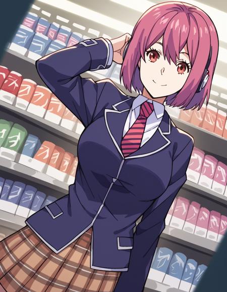 <lora:hisako-arato-s1-ponyxl-lora-nochekaiser:1>, hisako arato, short hair, red eyes, pink hair, large breasts, skirt, school uniform, jacket, pleated skirt, necktie, striped, plaid, plaid skirt, blazer, striped necktie,