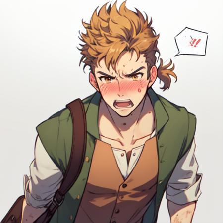 solo, masterpiece, <lora:Alfyn:0.8> alfyn, man,head, shoulders, 1boy, green sleeveless jacket, ponytail, messy hair, white sleeves, vest, brown eyes, white pants, dirty blond hair, shoulder bag, satchel, yelling, angry, blushing, embarrassed, looking at viewer, facing viewer, from above angle:1.4, straight-on, no facial hair