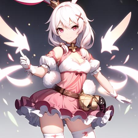 (masterpiece:1.2), (best quality:1.3), detailed, magical_teriri, 1girl, solo, beautiful detailed eyes, red_eyes, white_hair, long_hair, hair_ornament, hair_between_eyes, smile, rabbit_ears, rabbit_girl, pink_dress, puffy_short_sleeves, white_gloves, white_thighhighs, zettai_ryouiki, thighs, standing, cowboy_shot, <lora:magical_teriri_v2:0.9>