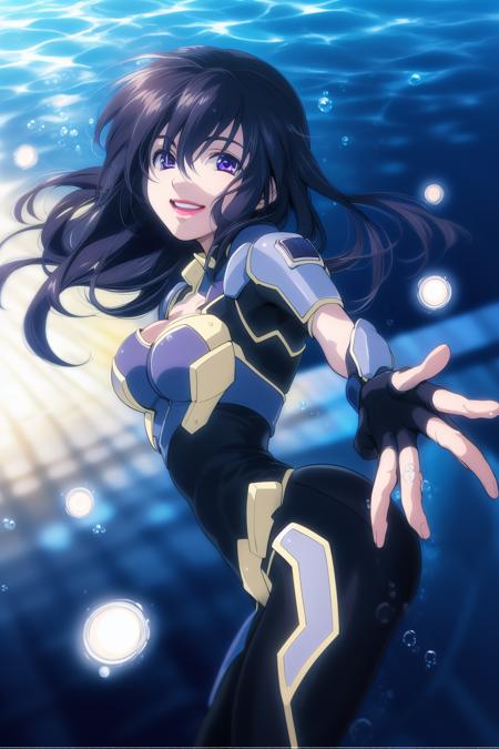 masterpiece, high quality, 1girl, solo, (full body:1.2),  <lora:ShizunoSenpai:1.1>, misaki shizuno, zegapain, black hair, long hair, shiny hair, bangs, hair between eyes, purple eyes, small eyes, lipstick,  cleavage, (armor:1.1), turtleneck, looking_at_viewer, breastplate, expressionless, shoulder_armor, pauldrons, light smile, slightly open mouth,  (dynamic pose:1.1), dynamic perspective, depth of field, water, blue background, outstretched arms, outstretched hand, reaching out to viewer, fingerless gloves, (air bubble:1.2), anime screencap,