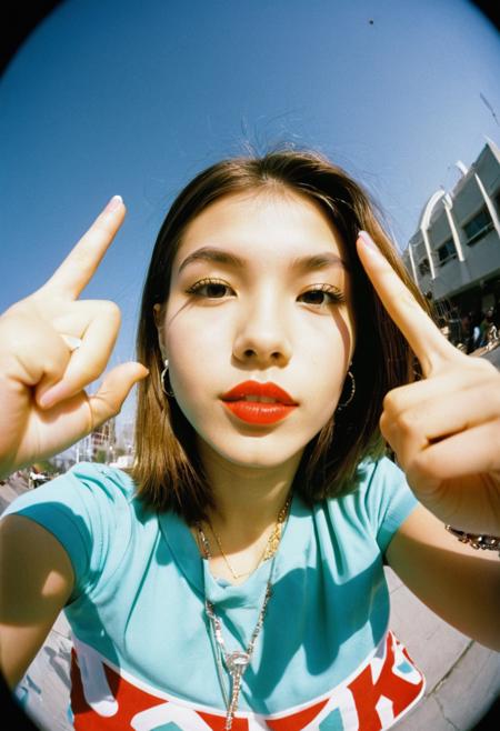raw photo,y2k girl, 25 y.o. , low angle, extravagant pose, grainy photo, shows 2 fingers at the camera, y2k fashion, youth fashion, bright clothes 2000's, fish eye, camera 20 mm, not symmetrical, (y2k:1.4)