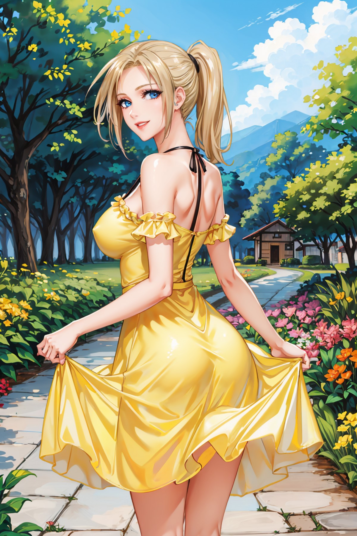 masterpiece, best quality, 1girl, solo <lora:ff7claudia-nvwls-v1-000009:0.8> ff7Claudia, ponytail, yellow sundress, from b...