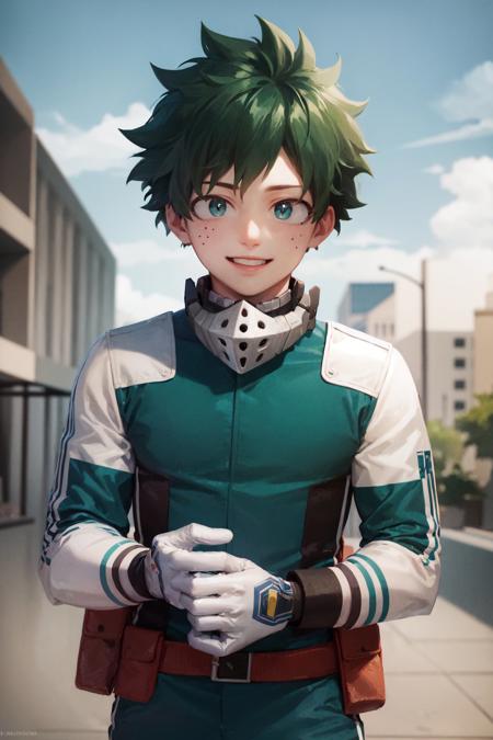 (masterpiece, best quality:1.2), <lora:mha_midoriya-10:1>, cowboy shot, solo, male focus, 1boy, midoriya izuku, smile, looking at viewer, short green hair, green eyes, green bodysuit, gloves