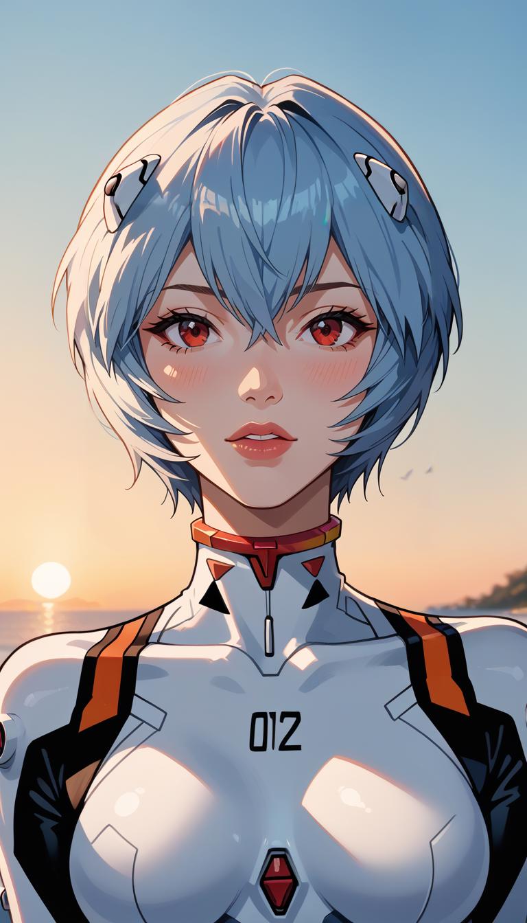 score_9, score_8_up, score_7_up, (Western Comics), (Ayanami Rei), cute, seductive, innocent, red eyes, short light blue hair, luscious lips, white Evangelion plugsuit, (sunset background), (Cowboy shoot photo), (depth of field), (dynamic angle), (ultra detailed, high quality texture), (sharp), (artistic image)