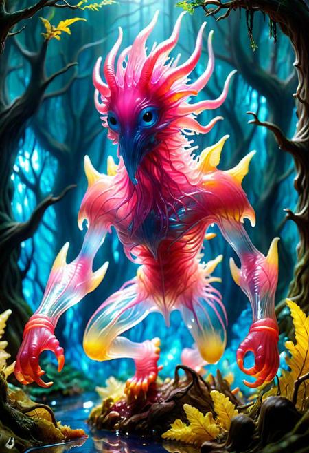 Young [ <'EM_1'> | <'EM_2'> | <'EM_3'> : 0.5] full one color blue pink yellow red transparent gelatine creature  in a gelatine fantasy forest  season
<cdt:d1=2;d2=2;hrs=1;hd1=2;hd2=2;st1=0;st2=1>