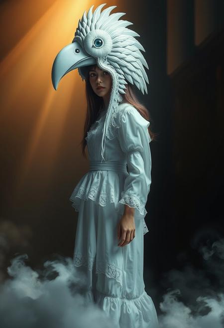 highly artistic surreal portrait of a mysterious girl wearing an elongated white bird helmet intricate carved details on the beak and sides flowing white Victorian dress with delicate lace and layered ruffles standing in a softly lit ethereal environment mist swirling at her feet faint golden light filtering through soft yet dramatic shadows painterly textures cinematic lighting deep contrast dreamlike atmosphere