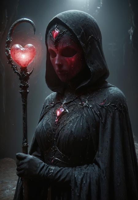 AtomicHeartTwinsCosplay in absolute darkness, profoundly no light, holding black-pink heart shaped orbstaff, 
pointed hat, translucent skin, Describe the captivating scene captured in the vintage photograph featuring a Bedouin artist skillfully swallowing a massive sword in the style of Final Fantasy, amidst a mesmerized audience. Provide details about the artist's attire, the sword's intricate design, and the expressions of the onlookers as they witness this extraordinary performance., amazing quality, masterpiece, best quality, hyper detailed, ultra detailed, UHD, perfect anatomy, portrait, dof, hyper-realism, majestic, awesome, inspiring, closeup, an weathered outworn old Fantasy cape, smooth, Closeup, by Dring, rust paint peelz, atmospheric haze, cinamatic composition, soft shadows, national geographic style