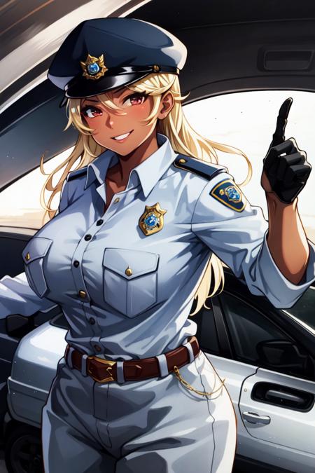 Oga Saki, 1girl, solo, red eyes, blonde hair, long hair, large breasts, dark-skinned female, dark skin, smile, standing, dynamic pose, <lora:OgaSaki:1>, 8k, masterpiece, best quality, absurdres, perfect anatomy, cinematic lighting, cowboy shot, (police uniform, pants:1.1), (police car, car, police:1.1)