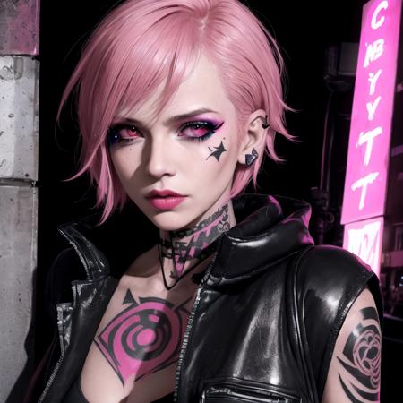 close-up, night club, underground club, neon lights, a punk female, makeup, short pink hair, tattoo, techwear outfit, crowd, industrial, muchRealisticV0_3