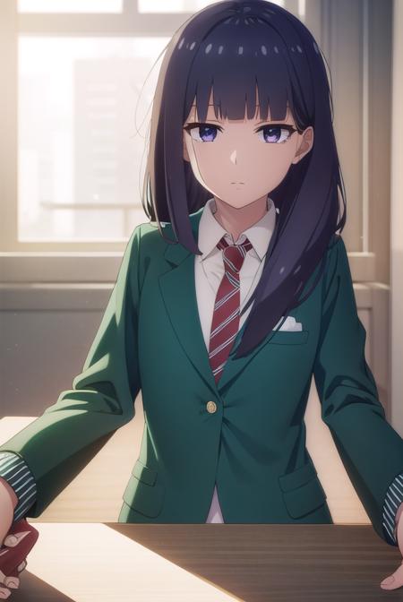 misuzugundou, <lora:misuzu gundou s1-lora-nochekaiser:1>,
misuzu gundou, long hair, bangs, black hair, blunt bangs, (purple eyes:1.1),
BREAK shirt, long sleeves, school uniform, jacket, necktie, blazer, red necktie, striped, striped necktie, (green blazer:1.5),
BREAK indoors, classroom,
BREAK looking at viewer, (cowboy shot:1.5),
BREAK <lyco:GoodHands-beta2:1>, (masterpiece:1.2), best quality, high resolution, unity 8k wallpaper, (illustration:0.8), (beautiful detailed eyes:1.6), extremely detailed face, perfect lighting, extremely detailed CG, (perfect hands, perfect anatomy),