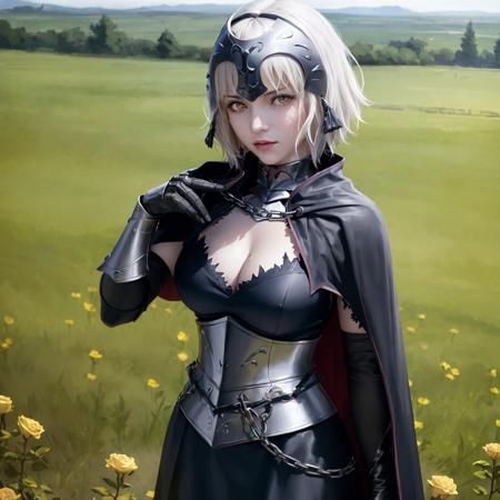 <lora:jalter_v3.3:0.65>,jalter,1girl,(jal_og_ver:1.3),short_hair,headpiece,cape,(photorealistic1.4),photography,extremely detailed eyes, extremely detailed hair,extremely detailed skin,(standing|on a battlefield|on a rosefield|),(ulzzang-6500-v1.1:0.4)masterpiece, best quality, beautiful lighting,8k uhd,raw photo,