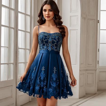 solo, 1girl, Masterpiece, 4K, HD, superb quality, beautiful woman, wearing a blue haute couture designer  dress,embroidery, short dress,  <lora:Haute_Couture:0.6>, front view