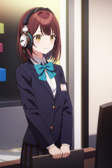 inazukinozomi, bowtie, blazer, headphones, night, black skirt, uniform, headset, employee uniform