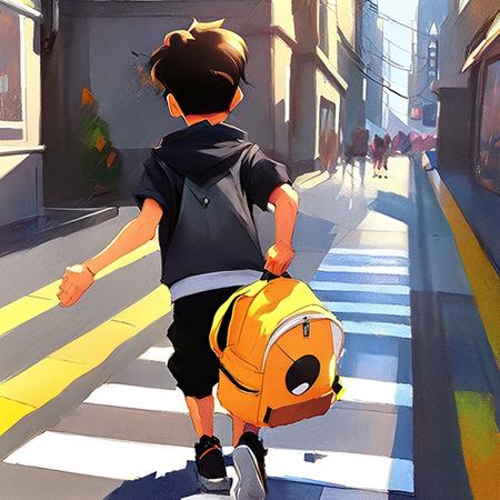 A little boy with a pokemon backpack running down a tokyo sidewalk sda768