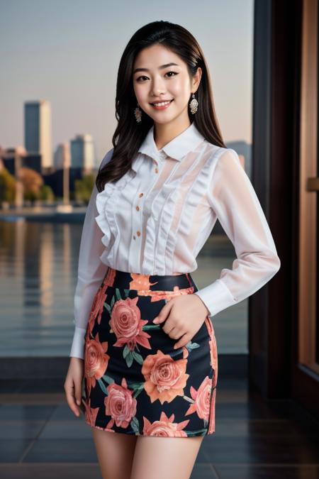 ((Masterpiece, best quality, cinematic lighting, 8k, full body shot, long hair)), (smile:0.85), (realistic scenic background)
<lora:Ruffled_Office_Dress_By_Stable_Yogi:1> ruffled shirt, floral print pencil skirt