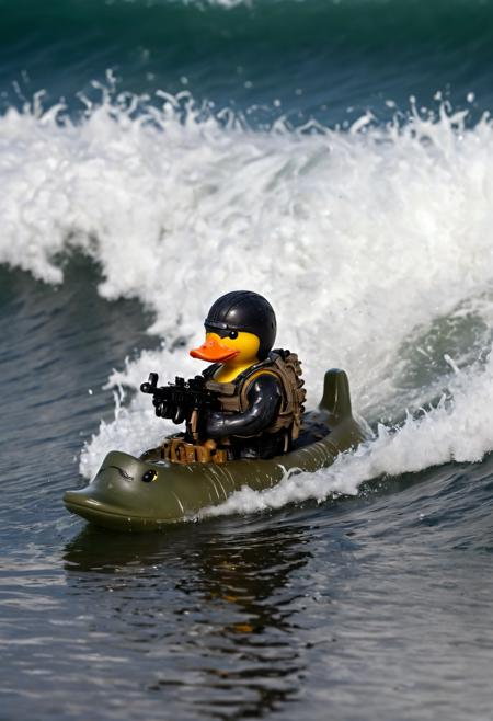 beautiful photo of a tiny, military rubber ducky in an action shot close-up, surfing the waves, intricate details, military guns, special forces duck. Navy Seals, Special Operator, combat duck <lora:DetailedEyes_V3:1> <lora:extremely_detailed:1> extremely detailed <lora:OMG-Is-DucHaiten_v1.0:0.5>