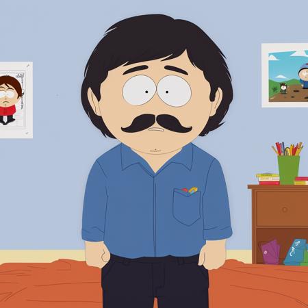 man, happy, mustache, close-up view, blue shirt, black hair, standing up, black pants, in his room, cartoon, south park style<lora:South Park Style v2:0.5>