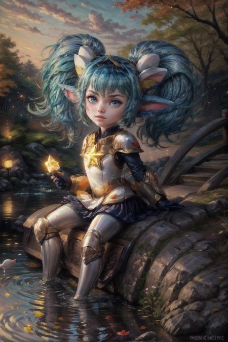 Highly detailed, High Quality, Masterpiece, beautiful, <lora:StarGuardianPoppy-10:1>, StarGuardianPoppy, yordle, 1girl, solo, Impressionist landscape of a Japanese garden in autumn, with a bridge over a koi pond,  <lora:more_details:1>,