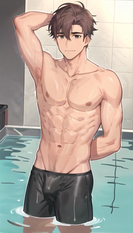 <lora:lixiujie:0.6>, 1boy, bangs, brown_hair, aqua_eyes, closed_mouth, face, formal, hair_between_eyes, looking_at_viewer, male_focus,(bare shoulders),(wet),(abs),nude, (bare shoulders), (abs), collarbone, collarbone,(((male_focus))),navel,nipples,swimming,nipples,(((boxer_briefs))),partially_submerged,pectorals,smile,solo,toned,toned_male,water,wet,(Eachcolorblockisclearlydistinguished:1.1),(bath),lapels,god rays