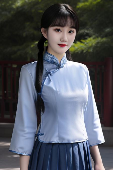 best quality, masterpiece,real,realistic, photo,photorealistic,looking at viewer,upper body,
1girl, xiaofu,school uniform, chinese clothes, cheongsam,shirt,pleated skirt,sleeves past elbows ,
outdoors, nature, 
twintails, long hair, blunt bangs, 
<lora:xiaofu_v3_02:0.8> <lora:DA_Beauty:0.6>