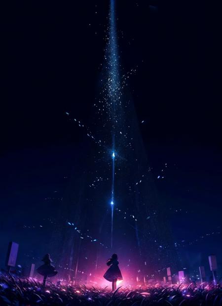 1girl, solo,  silhouette, long hair, star \(sky\), dress, scenery, light particles 
<lora:vines-pynoiseLoHa:1>