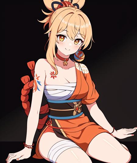 ((masterpiece)), (best quality:1.7), (detailed:1.4), (high res:1.4), 8k, (colorful:1.5), 2d, high resolution, sharped image, 4k, hd, yoimiya(genshin impact), shimenawa, kimono, nail polish, bandaged leg, cleavage, tattoo, single fingerless glove, fingerless gloves, red choker, arm support, hair between eyes, sitting, bandages, choker, looking at viewer, sash, single bare shoulder, vision (genshin impact), blonde hair, collarbone, orange kimono, blush, medium breasts, hand up, bandaged arm, thighs, black gloves, flower tattoo, sarashi, chest sarashi, japanese clothes, rope, orange eyes, orange nails, solo, obi, arm tattoo, closed mouth, ponytail, white background, gloves, jewelry, smile, hair ornament, hadanugi dousa, 1girl, chest tattoo, full body, <lora:yoimiya_genshin:0.7>, <lora:thickerLinesanimeStyle:0.6>