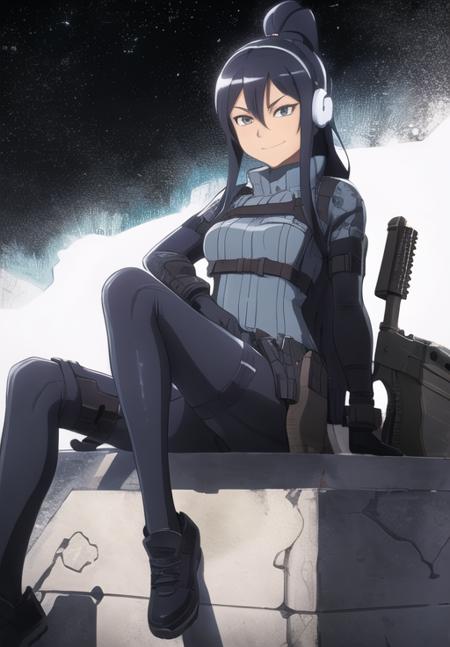 <lora:Pitohui_Elza:0.8>, Pitohui_Elza, sitting, assault rifle, holding rifle, smirk, headgear, (acclaimed, alluring, captivating, exciting, gorgeous, striking:1.3), (highly detailed, high quality:1.3)