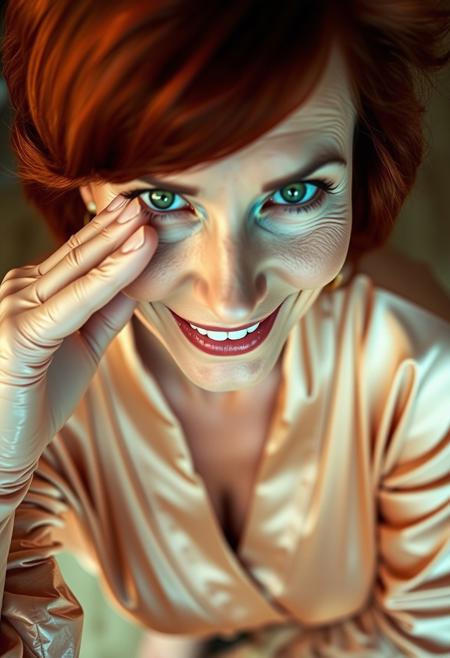 A pretty mature woman looking down at the viewer. She is fitting a latex glove. Her hair is red and her eyes are bright green. She has a condescending smile in her face as if she were planning something evil. She is wearing a pretty but casual silk robe, together with fur slides. Her body is toned and fit. She is in her mid 40s and looks very attractive. The image comes from a low angle as if the viewer were from down on the floor.