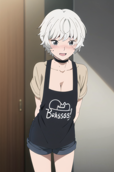 gray hair, short hair, anime coloring, 1girl, black eyes, bangs