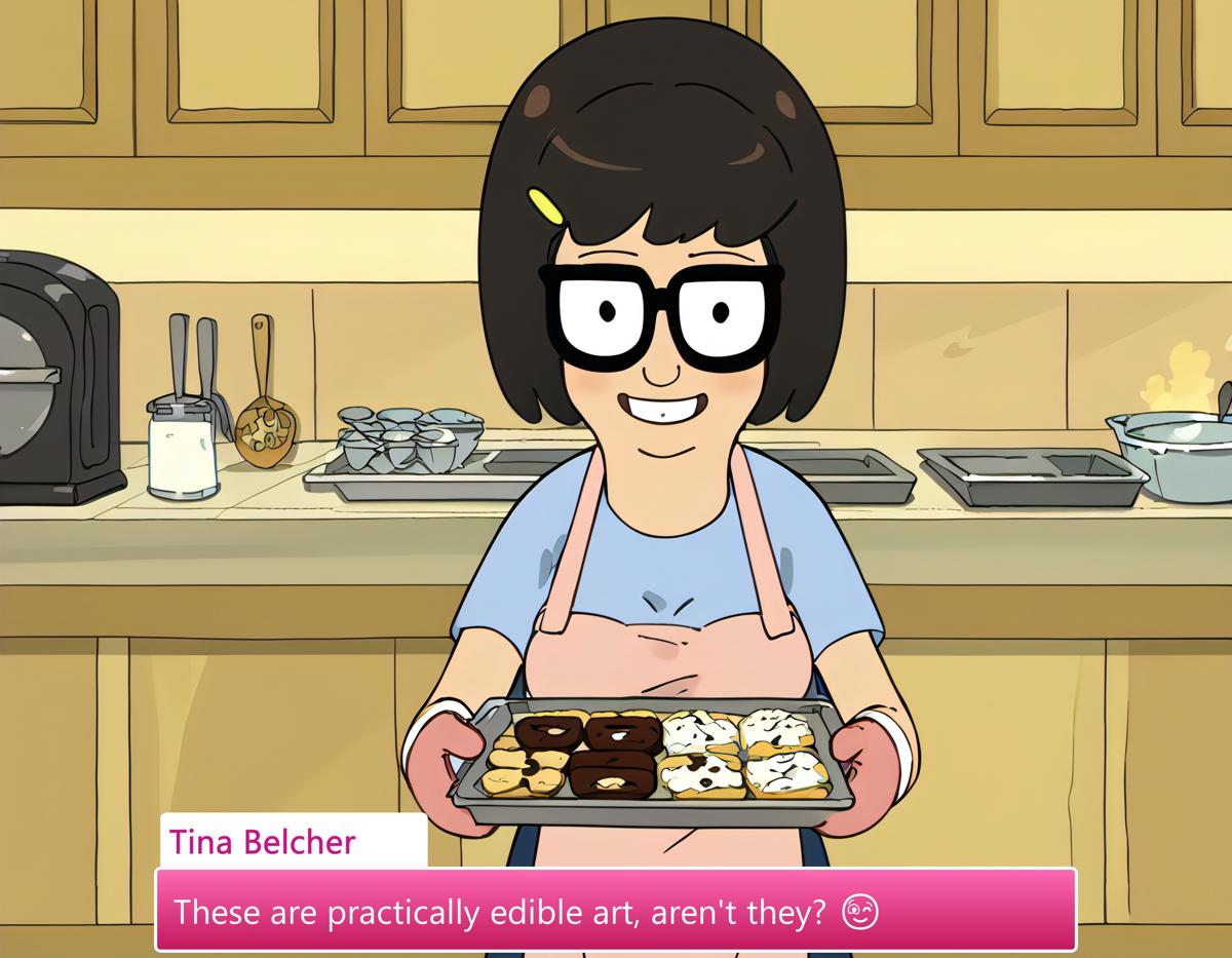 Tina Belcher (Bob's Burgers) A Woman In An Apron Holding A Tray Of Food