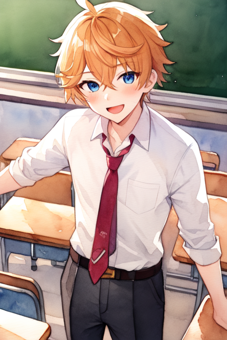 classroom, desk, indoors, necktie,tartaglia, 1boy, male focus, solo,child body,shota,orange hair,hair between eyes,blue eyes, shirt, school desk, smile, white shirt, black hair, yellow eyes, looking at viewer, pants, chalkboard, belt, blush, open mouth, short hair, school uniform, collared shirt,(style:sketch:1.2),(style:watercolor:1.4),noise,