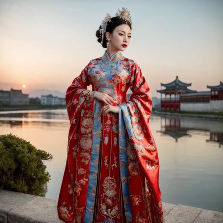 (8k, RAW photo, best quality, masterpiece:1.2), (realistic, photo-realistic:1.4), ultra-detailed, (Internet celebrity beauty),perfect detail ,  make up,(full body shot),China Jiangnan water town style, (cloud),zshs, a woman in a red and blue dress and a crown,<lora:zshs-10:0.8>