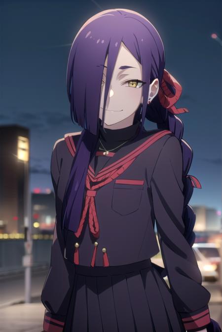 magane chikujouin, long hair, purple hair, braid, single braid, (hair over one eye:1.5), (yellow eyes:1.3), sharp teeth, skirt, thighhighs, gloves, jewelry, school uniform, earrings, serafuku, black gloves, black thighhighs, necklace, zettai ryouiki, 