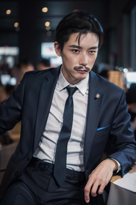 mouri kogorou, 1boy,38yo male, solo, mature male,suit,blue jacket, pencil mustache, 