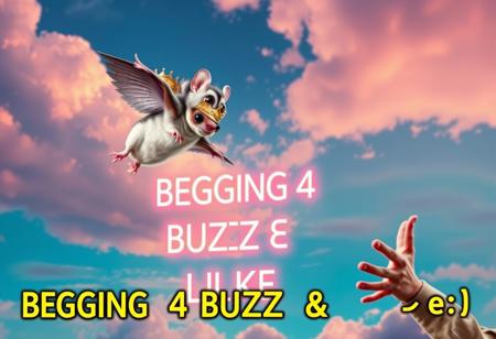 “A highly elegant sugar glider soaring happily through the air towards its owner. The scene is surreal, with a dreamy, colorful sky in the background. The sugar glider has an exaggerated, almost regal posture, with a tiny golden crown on its head. The owner, looking surprised, is reaching out with open hands. A massive, neon-style text in the background reads ‘BEGGING 4 BUZZ & LIKE ^_^’, glowing dramatically. The entire composition has a playful, chaotic energy, blending elegance with internet meme culture.”